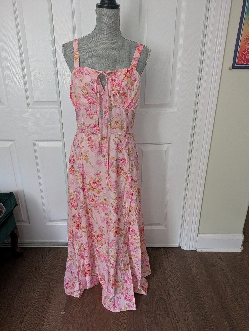 Pink Floral Maxi Dress with Tie Front